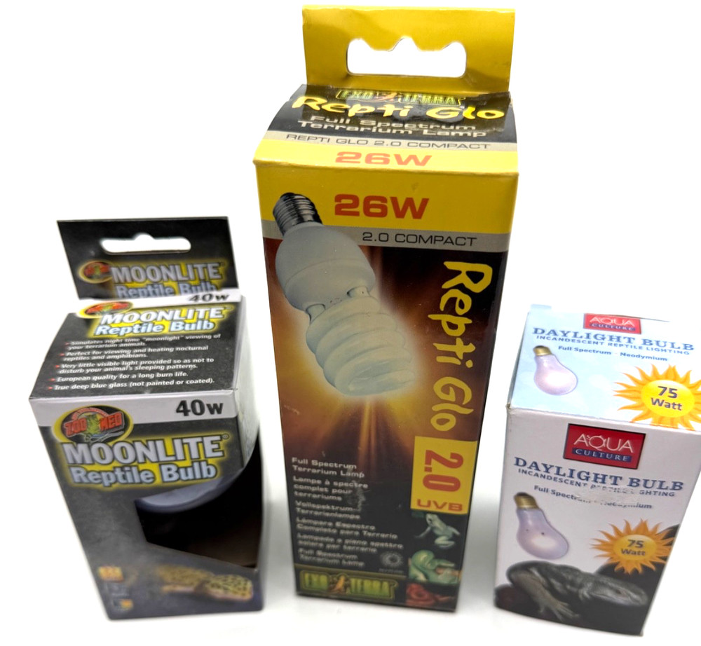 LOT Lamp Bulbs Reptile Terrarium Light 75 40 26 Watt Repti Glo Moonlight Day NEW