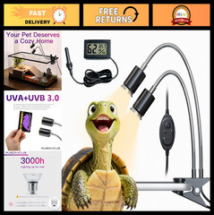 All-in-One Reptile Heat Lamp Bundle – Dual-Head UVB UVA Timer Hygrometer for Tur