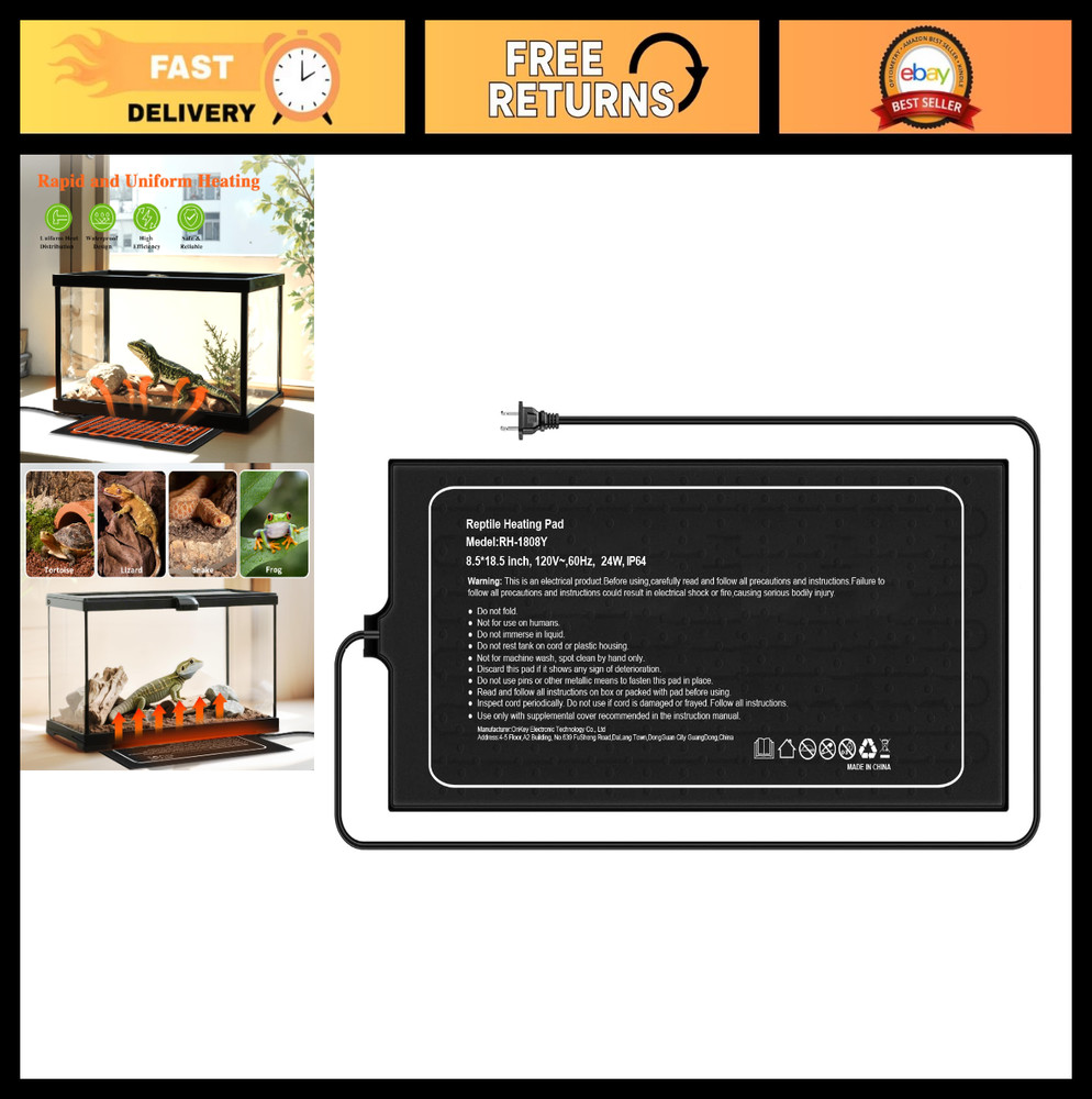 Reptile Heat Mat 18×8 Inches – Adjustable Temp Control, 24W for 50-60 Gallon Tan