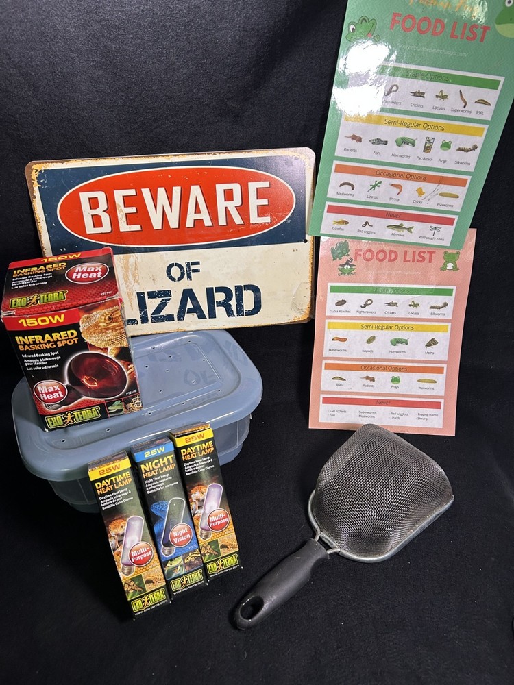 10Pc Reptile Lot – Daytime & Night Heat Lamps, 150W Infrared Basking, Food Lists