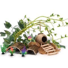Crested Gecko Tank Accessories，Reptile Vines Plants with Coconut Shell Ladder…
