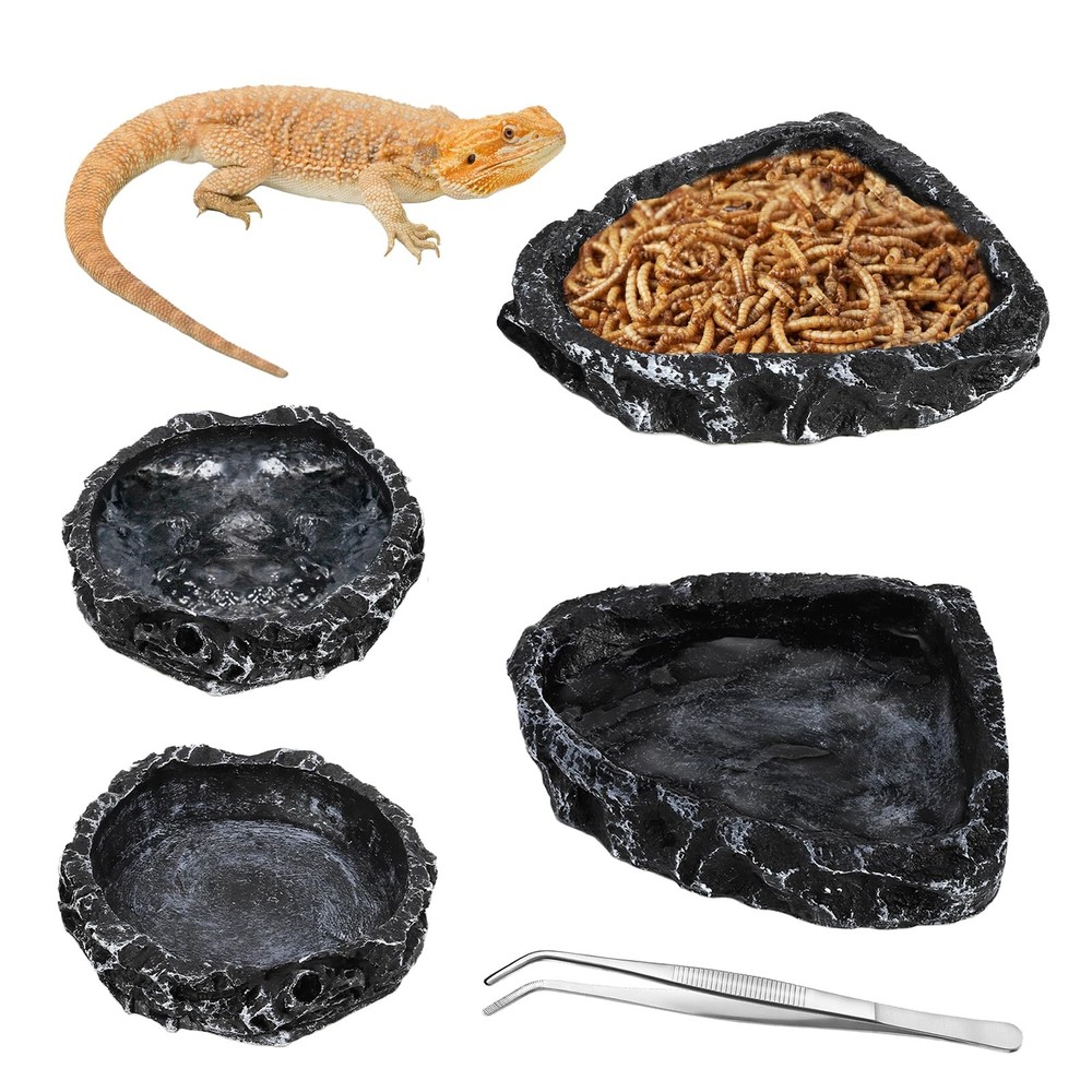 4 Pack Reptile Food Dish with Feeding Tongs, Resin Reptile Water Dish Food Bo…