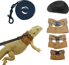 Reptile Pets Leash Harness Set with Jackets and a Hat for Bearded Dragon Lizard,